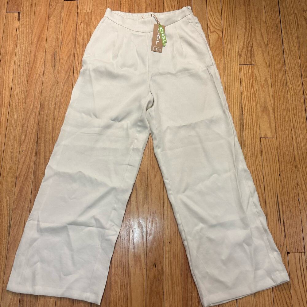 NWT OGL Women's M Viscose-Linen Breezy Mid Rise Wide Leg Pant Off White